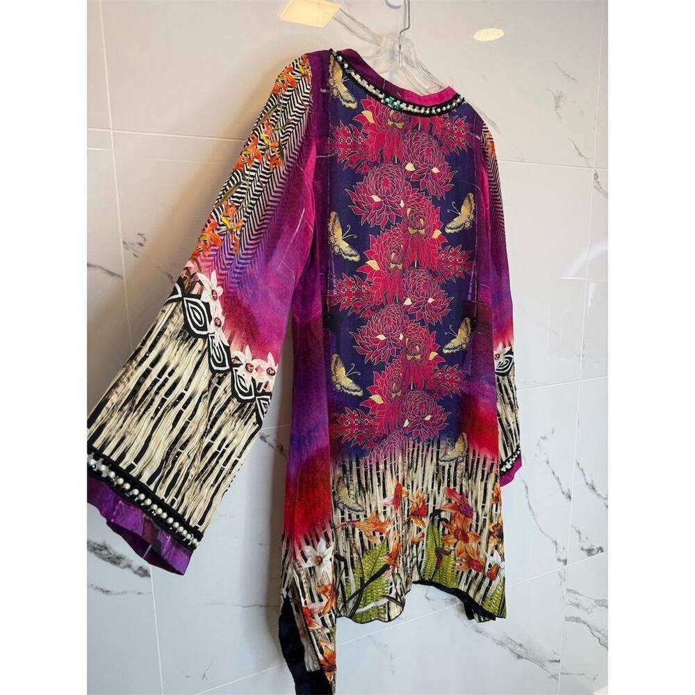 Art-to-wear Sapphire Floral Embroidered Beaded Tunic Dress Bell Sleeve Silk - Picture 7 of 16
